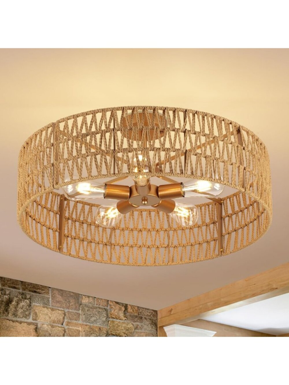 24” Boho Hand-Woven Rattan Ceiling Light Fixture - Rustic Semi Flush Mount
